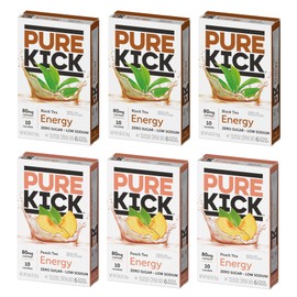 Pure Kick Energy Variety Pack - Pack of 6-3 of Each - Peach Tea and Black Tea - Low Calorie - Zero Sugar - Powdered Drink Mix