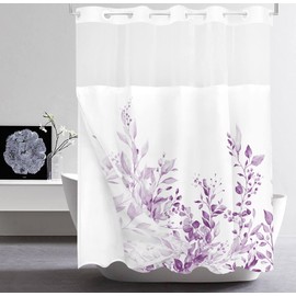 Tititex No Hooks Snap in Liner Lilac Light Purple Eucalyptus Leaves Shower Curtain, Hotel Luxury Double Layers Waterproof Fabric & See-Through Top Window Bathroom Decorative 72x72 Inch