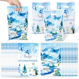 ArianQicult 50Pcs Polar Animals Party Favor Bags, Winter Animals Party Gift Bags, Watercolor Winter Candy Treat Bags, Bear Penguin Themed Party Decoration for Winter Baby Shower Birthday Party