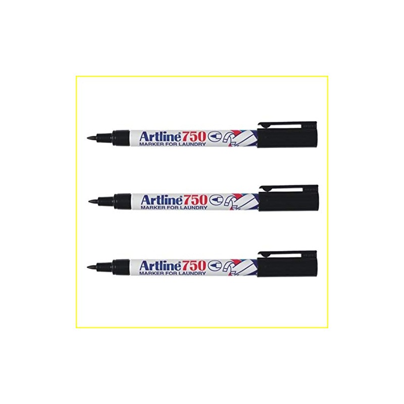 3 x Artline Laundry Marker Waterproof Ek-750, Black Ink 0.7mm