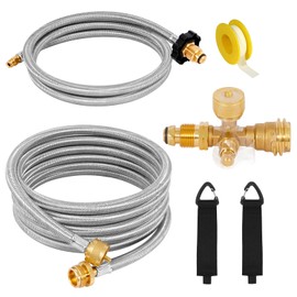 konros Extend a Stay RV Propane Kit, 4-Port Propane Brass Tee with 5 ft & 12 ft Stainless Steel Hoses for Connection Between Auxiliary Propane Cylinder and Appliances, Camping, Motorhomes