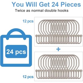 TENOVEL 24 Pack Double Shower Curtain Hooks Rings, TENOVEL 24 Pack, Brushed Nickel