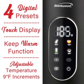 Brentwood 1100W 1.7L Cordless Cool Touch Digital Kettle with Stainless Steel Interior, Temperature Control with 4 Presets, 360° Base, Auto Shut-Off, Keep Warm, & Boil Dry Protection (Black, 1.7L)