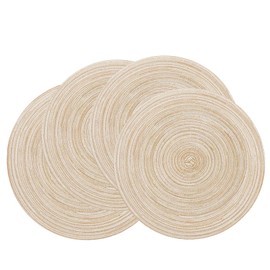 Xmkuwa Placemats, Round Braided Placemats for Dining Table Diameter 15 inch, Woven Heat Resistant Anti-Slid Cotton Washable Kitchen Table Mats (Beige，Set of 4)