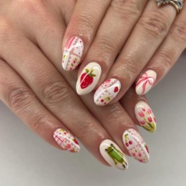 Press On Nails Short - Oval False Nails - White Fake Nails With Sweet Strawberry Design - Cute Short Stick On nails - Full Cover Acrylic Glue On Nail For Women Girls Nail DIY - 24 Pcs