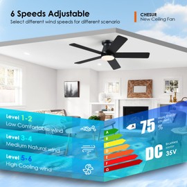 CHESUR 46" Black Flush Mount Ceiling Fans - Low Profile Ceiling Fan Light with Remote/App, 6 Wind Speeds and 3CCT Dimmable, Modern Indoor/Outdoor Fan Light Fixture