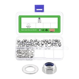 sourcing map 100Pcs M5 x 0.8 Nylon Insert Hex Lock Nut Kit, 304 Stainless Steel Lock Nuts with M5x10x1mm Flat Washers Self Tight Hex Lock Nuts, Silver&Blue