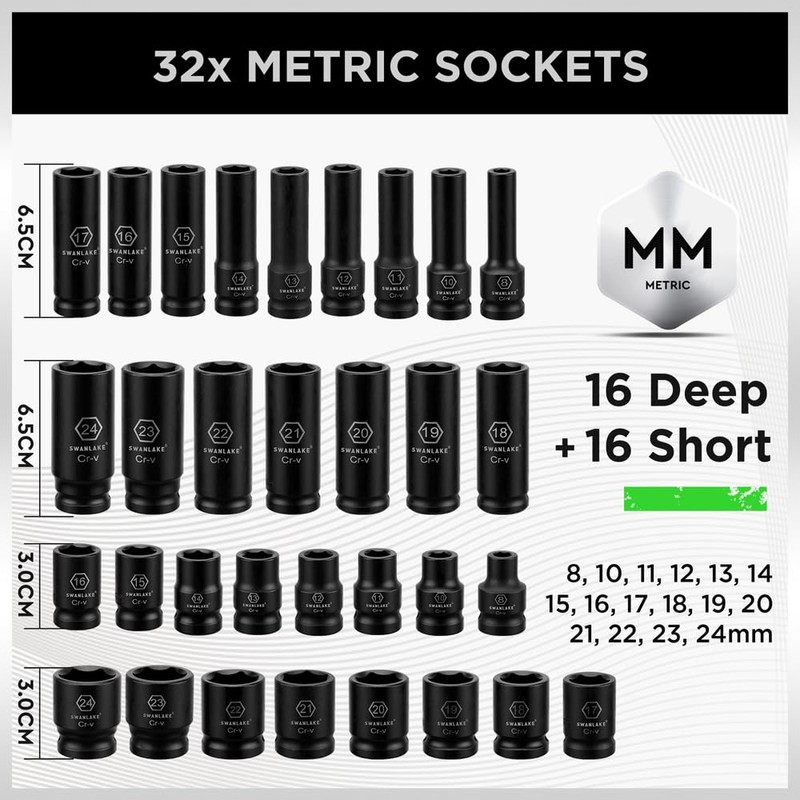 SWANLAKE 1/2" Drive Impact Socket Set, 66-Piece Standard SAE (3/8"-1-1/4")