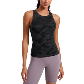 CRZ YOGA Butterluxe Womens Racerback Workout Tank Top with Built in Shelf Bra - Padded High Neck Yoga Athletic Camisole Dark Grey Camouflage 2 X-Large