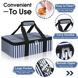 MIAOJIE Insulated Casserole Carrier, Portable Casserole Carrier for Hot or Cold Food Lunch Tote Warmer or Cooler Bag, Lasagna Lunch Bag for Potluck Parties- Fits 9" x 13" Baking Dish-Blue Stripes