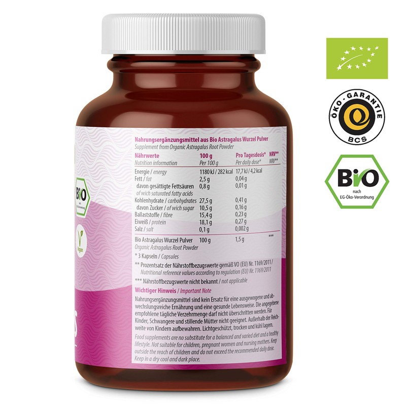 Astragalus Organic Capsules, Pack of 180, High Dose with 500