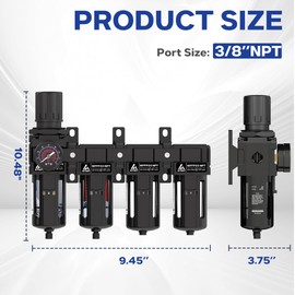 ATINY 3/8'' NPT 4 Stage Air Drying System,5μ Brass Filter&0.01μ Coalescing Filter,Double Desiccant Dryers & Air Regulator,Metal Bowl,Semi-Auto Drain,for Paint Spray＆ Plasma Cutter(Black)