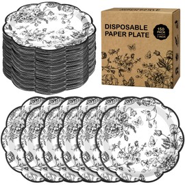 Kochorie 150 Pieces Black Flower Paper Plates 7 Inches Disposable Floral Paper Plates Scalloped Black Chinoiserie Vintage Flower Dessert Plate for Wedding Birthday Holiday Party Decor Supplies