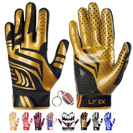 LYRX Professional Football Receiver Gloves with Optimal Silicone Palm Non-Slip Grip Control Ultra-Stick Sports Lightweight Glove and Precision Fit (Black-Gold Shine, Youth L (6.5"))