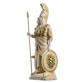 Athena With Owl Medusa Shield Greek Goddess Alabaster Statue Gold 10.6"