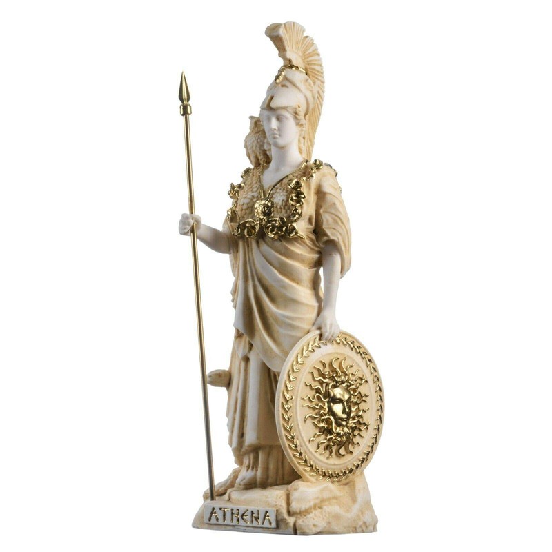 Athena With Owl Medusa Shield Greek Goddess Alabaster Statue Gold