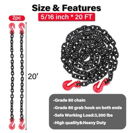 Lechansen G80 Transport Binder Chain 5/16 Inch X 20 FT Equipped with G80 Chain Hooks, Grade 80 Tow Chain with Hooks, 3,300 Lbs Working Load Trailer Safety Chain for Pulling & Towing - 2 Pack