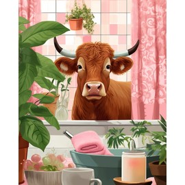 Pink Bathroom Anmial DIY Paint by Numbers for Adults Cute Cow in Bathtub Funny Room Decor Green Plants DIY Oil Painting Acrylic Paint Art Graffiti Painting Kit Canvas 16x20 Inch（without Frame ）