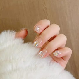 Lwenjing Nail Tip, False Nail Tip, 3D Nail Tip, Handmade Nail Tip, Wedding Nail Tip, Cute, Short Nail Tip, Popular, Japanese Style, Bride Nails, Shiny, False Nails, Pack of 24 (DF330)