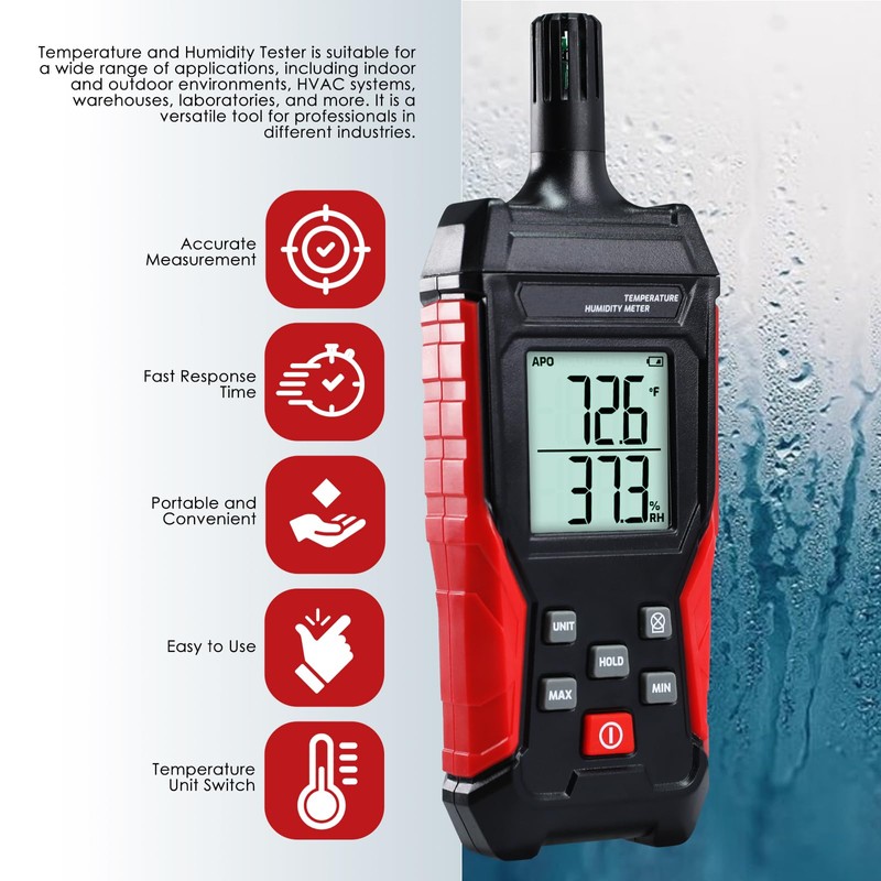 Humidity Temperature Meter, High Precision Digital Psychrometer HVAC with Ambient