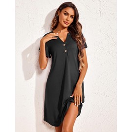 Ekouaer Nighties for Women Nightdress Short Sleeves Sleep Dress Nightgown Soft Sleepwear Ladies Loose Loungwear V Neck Nightshirts,Black,S