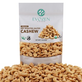 EvoZen Foods Organic Dry Roasted Cashews Lightly Salted | Certified Kosher, Vegan Verified, Non-GMO Whole Cashews | Lightly Salted Cashews, Dry Roasted Cashews (1 LB)
