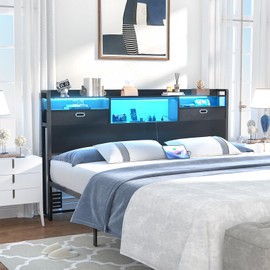 Unikito Queen Headboard with Drawer Storage & LED Lights, Wood Queen Size Headboard Only Built-in Power Outlet & Bookcase for Bedroom/Dorm/Guest Room, Black