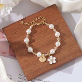 Flower Girl Proposal Gift,Flower Girl Gift Bracelet,Will You Be My Flower Girl,Dainty Letter Charm Pearl Bracelet Jewelry for Women Teen, Wedding Bride Party Bridal Shower Gift (L)