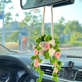 Crochet Hanging Plant for Car, Cute Car Plant Accessories, Knitted Plant Car Mirror Hanger, Boho Car Plant Crochet Hanging Basket (G)