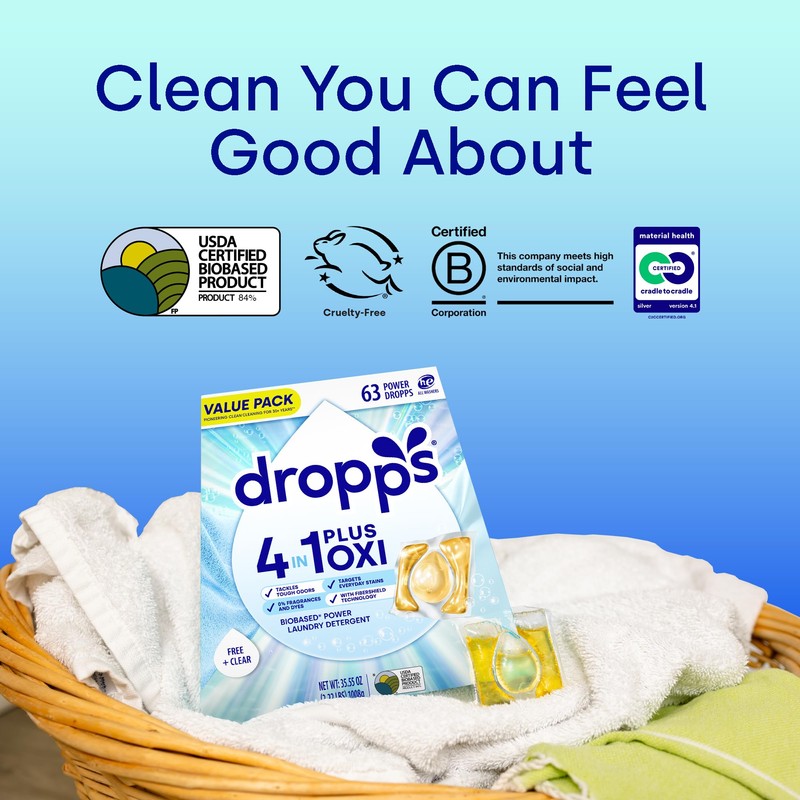Dropps 4-in-1 Plus Oxi Laundry Detergent Pods, Free & Clear