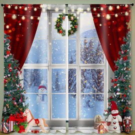 Peryiter Christmas Curtains 83 x 81 Inch Winter Bedroom Window Drapes Tree Xmas Curtains for Living Room Snowman Curtain for Farmhouse Bathroom Kitchen Village
