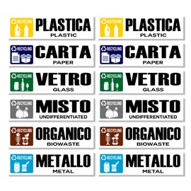 GamesMonkey® - Recycling Stickers for Recycling Garbage V1 – Washable Waterproof Illustrated – Italian English – Conforms to UNI 11686 (15 x 4, 12 Pieces)