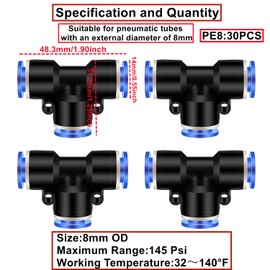 HAXIHA Pack of 30 8 mm T-pieces Air Push Quick Fittings, 3-Way Pipe Connect Push Fit Push Lock Pneumatic Connectors, Kit Air Line Fittings for 8 mm Pipe, (PE-8)