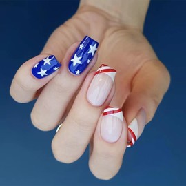 4th of July Press on Nails Medium Square Fake Nails French Tip Acrylic Nails Red White Blue False Nails Star Line Glue on Nails Full Cover Glossy Stick on Nails Independence Day Artificial Nails 24Pcs