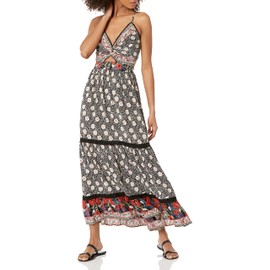 Angie Women's SPAG Strap DEEP Vneck Maxi Dress with Center Cutout, Black, Large