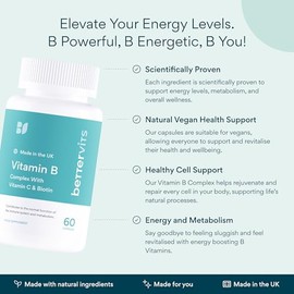 Bettervits Vitamin B-Complex High Strength - Vitamins B1, B2, B3, B5, B6, B12 | Immune Support with Choline, Biotin, Folate, Vitamin C - Daily Energy and Metabolism for Men and Women - 60 Capsules