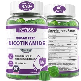 Sugar Free Nicotinamide 500mg Gummies, (Flush Free Niacin) Vitamin B3 Niacinamide Supplement for Cell Regeneration, NAD+ Levels, Anti-Aging, Cellular Energy, Focus & DNA Repair, Longevity, 60Cts