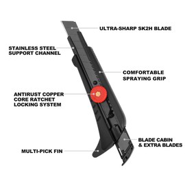 HAUTMEC 18mm Heavy Duty Utility Knife with Fin Design, Ratchet for Quick Blade Changes, Multi-purpose sprayed non-slip grip and 10pcs Blades set, Snap Off Sharp Black Retractable Box Cutter HT0249-KN