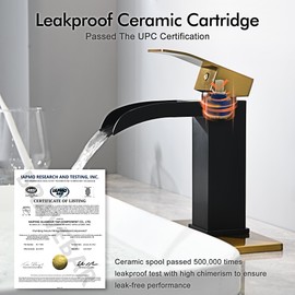 BRAVEBAR Black and Gold Waterfall Bathroom Faucet - 4In Single Handle Bathroom Sink Faucets 1 or 3 Hole Solid Vanity Faucet with Deck Plate & Overflow Pop Up Drain