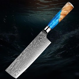 Damascus Nakiri Knife 7 inch, Professional Chef Knives set, Sharp Kitchen Knife set, Hand Forged 67-Layers High Carbon Stainless Steel Cooking Knife for Meat & Vegetable Cleaver With Gift Box, Blue