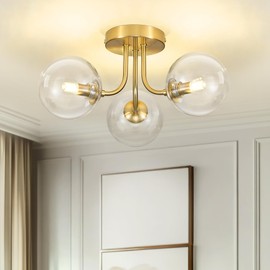 Cargifak 3-Globe Gold Flush Mount Ceiling Light in a Modern Farmhouse Design is Ideal for Living Rooms, Bedrooms, or Dining Rooms. Model:CKCL4845-3W-CLPG