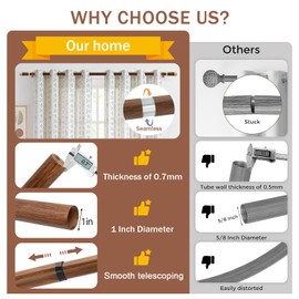 Wood Curtain Rods for Windows,1 Inch Boho Adjustable Window Curtain Rod with Imitation Wood Grain, Modern Decorative Single Drapery Rods for Living Room, Bedroom (28-80in)