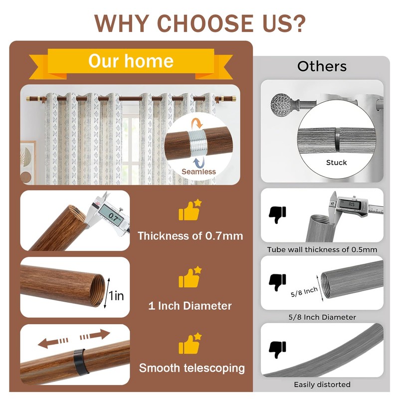 Wood Curtain Rods for Windows,1 Inch Boho Adjustable Window Curtain