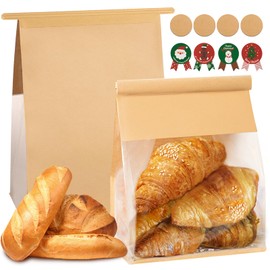 Heavy Duty Paper Bread Bags with Tin Tie Tab Lock 50PCS, Loaf Bag with Clear Front Window, Storage Packaging Treat Bag for Bakery Cafe Homemade Bread 10.2" × 5.1" × 6.3"