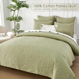 Querencia 100% Cotton Quilt King Size - Green Quilt Set, Lightweight Quilted Paisley Comforter, Bedspread Coverlet, Bedding Bed Quilt, All Seasons 3 Pieces (King/Cal King, Sage Green)