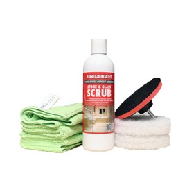Hard Water Deposit Remover KIT - Scrub Deep Cleans Granite Countertops, Travertine Showers, Glass Shower Doors (1 Pint Stone Pro Stone & Glass -16 Fl Oz, 5" white pad, & Cleaning Cloth)