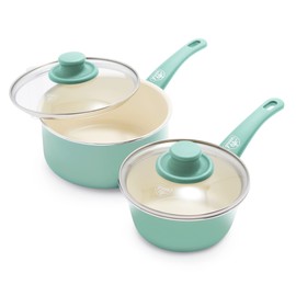 GreenLife Soft Grip 1QT and 2QT Saucepan Set, Healthy Ceramic Nonstick, Non Toxic PFAS & PFOA-Free, Dishwasher Safe, Glass Lids, Stay-Cool Handles, Easy Clean Cookware, Kitchen Essentials, Turquoise