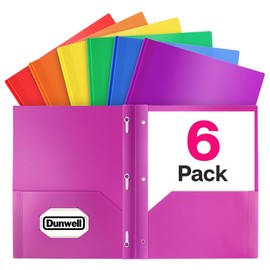 Dunwell Plastic 2 Pocket Folders with 3 Prongs, (6 Pack, Assorted Colors), 3-Clasp Folders with Fasteners, Tear-Resistant, Long Lasting Acid-Free Poly, Includes Labels