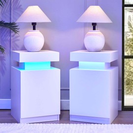 White Nightstands with Set of 2, LED End Table Set with One Storage Cabinet, Modern Bedside Table with Door for Bedroom
