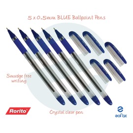 RORITO Fyro BLUE Ballpoint Pens 5 x 0.5mm Tip Smudge Free Writing Soft Grip Office School Supplies